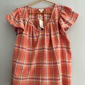 A.N.A. Ruffle Short Sleeve Plaid V-Neck Blouse